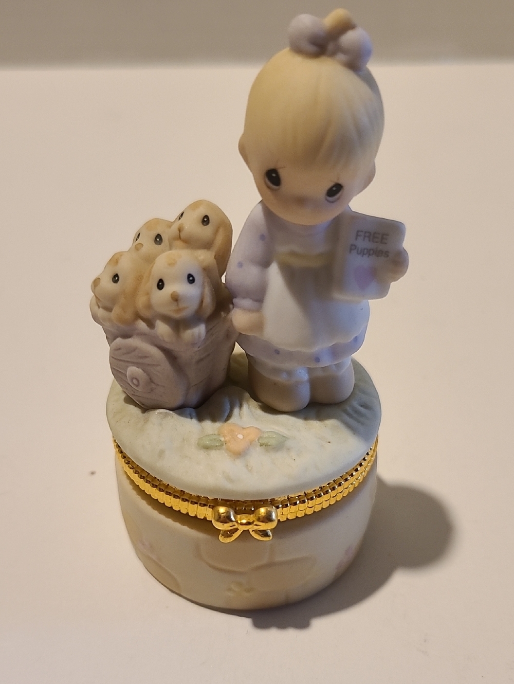 Precious Moments Cream and Lavender Girl Figurine Trinket Box with Puppies